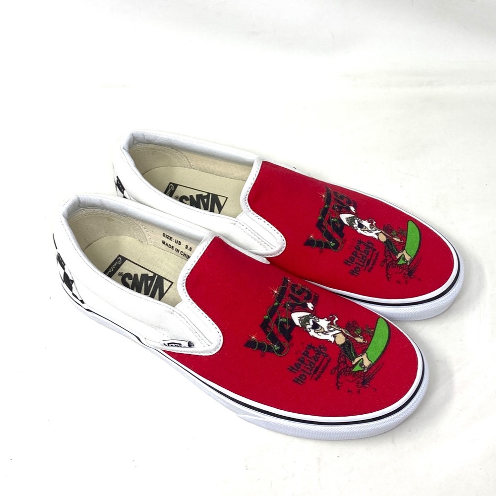 VANS Slip On Sneakers White Red Canvas Shoes Men Skate Low Top Custom Alsu01245 - Picture 4 of 11